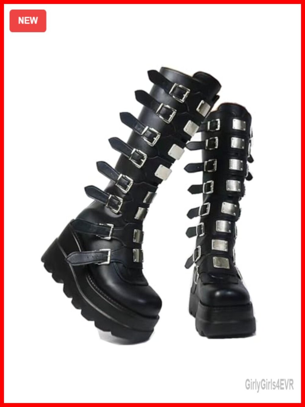Womens High Platform Knee Boots Chunky Heel Faux Leather Goth Combat Zip Buckle